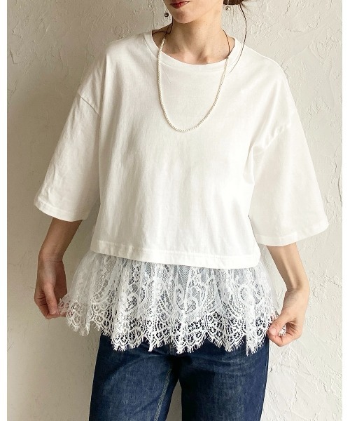 She's Closet(シーズクローゼット)の「半袖 裾レースドッキングTシャツ チュール レイヤードインナー トップス(Tシャツ/カットソー・レディース・ブラック/ホワイト/イエロー・FREE)」の6枚目の写真