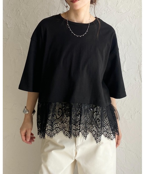 She's Closet(シーズクローゼット)の「半袖 裾レースドッキングTシャツ チュール レイヤードインナー トップス(Tシャツ/カットソー・レディース・ブラック/ホワイト/イエロー・FREE)」の7枚目の写真