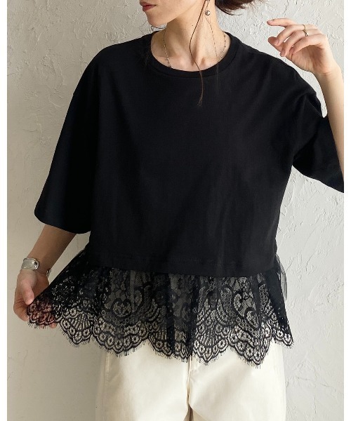 She's Closet(シーズクローゼット)の「半袖 裾レースドッキングTシャツ チュール レイヤードインナー トップス(Tシャツ/カットソー・レディース・ブラック/ホワイト/イエロー・FREE)」の8枚目の写真