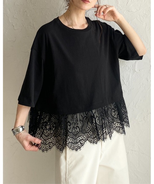 She's Closet(シーズクローゼット)の「半袖 裾レースドッキングTシャツ チュール レイヤードインナー トップス(Tシャツ/カットソー・レディース・ブラック/ホワイト/イエロー・FREE)」の9枚目の写真