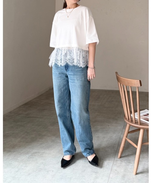 She's Closet(シーズクローゼット)の「半袖 裾レースドッキングTシャツ チュール レイヤードインナー トップス(Tシャツ/カットソー・レディース・ブラック/ホワイト/イエロー・FREE)」の12枚目の写真