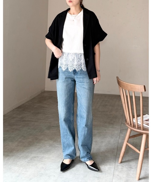 She's Closet(シーズクローゼット)の「半袖 裾レースドッキングTシャツ チュール レイヤードインナー トップス(Tシャツ/カットソー・レディース・ブラック/ホワイト/イエロー・FREE)」の14枚目の写真