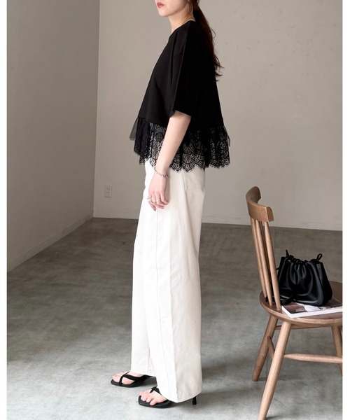 She's Closet(シーズクローゼット)の「半袖 裾レースドッキングTシャツ チュール レイヤードインナー トップス(Tシャツ/カットソー・レディース・ブラック/ホワイト/イエロー・FREE)」の17枚目の写真