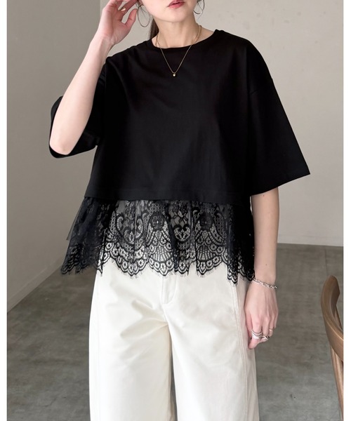 She's Closet(シーズクローゼット)の「半袖 裾レースドッキングTシャツ チュール レイヤードインナー トップス(Tシャツ/カットソー・レディース・ブラック/ホワイト/イエロー・FREE)」の19枚目の写真