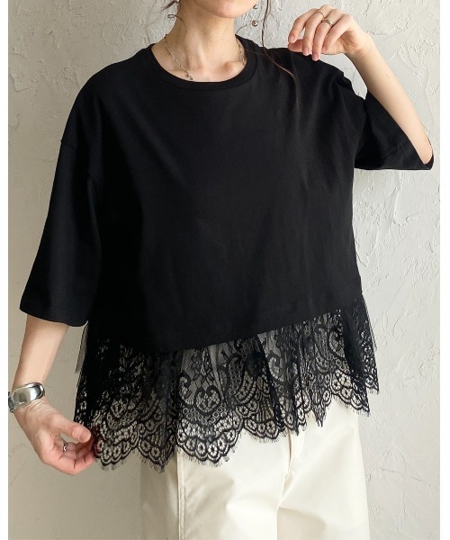 She's Closet(シーズクローゼット)の「半袖 裾レースドッキングTシャツ チュール レイヤードインナー トップス(Tシャツ/カットソー・レディース・ブラック/ホワイト/イエロー・FREE)」の20枚目の写真