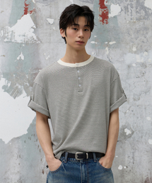 ロールアップスナップヘンリーネックストライプハーフTシャツ[アイボリー]