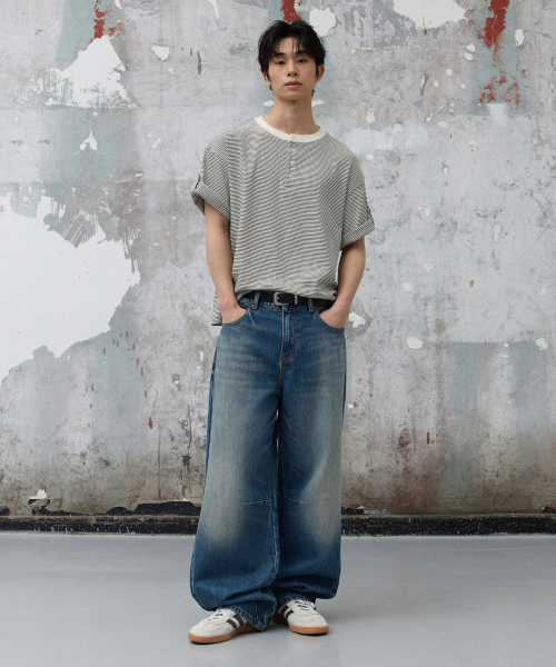 AGOD（エージーオーディー）の「ロールアップスナップヘンリーネックストライプハーフTシャツ[アイボリー]（Tシャツ/カットソー・レディース・その他・LARGE/SMALL/MEDIUM）」の3枚目の写真