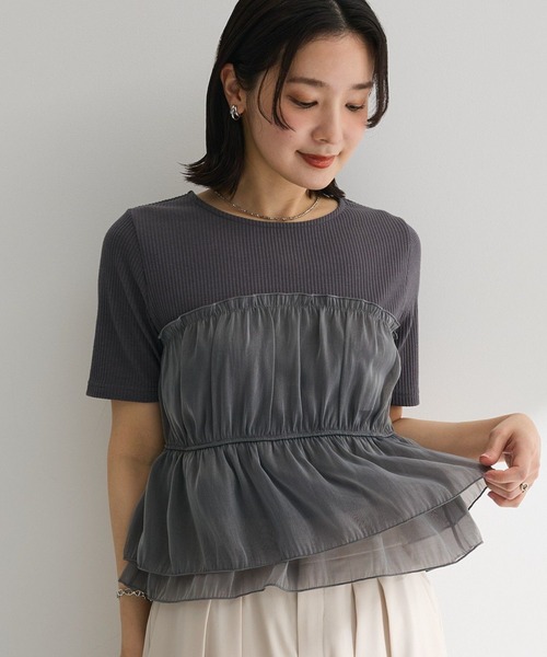 美品 OHGA オーガ チェックブラウス グリーン ノーカラー ボンディング セール】オーガンジービスチェドッキング半袖プルオーバー（Tシャツ