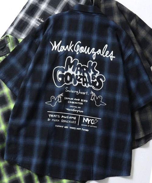 Mark Gonzales(マーク・ゴンザレス)の「MARK GONZALES ARTWORK COLLECTION/マークゴンザレス 別注 ビッグシルエット バックプリント ワンポイント刺繍 オンブレチェック 半袖シャツ(シャツ/ブラウス・メンズ・ブラック×ライム/ブラック×ブルー/ブラック×ホワイト/ブラック×グレー・XL/L/M)」の7枚目の写真