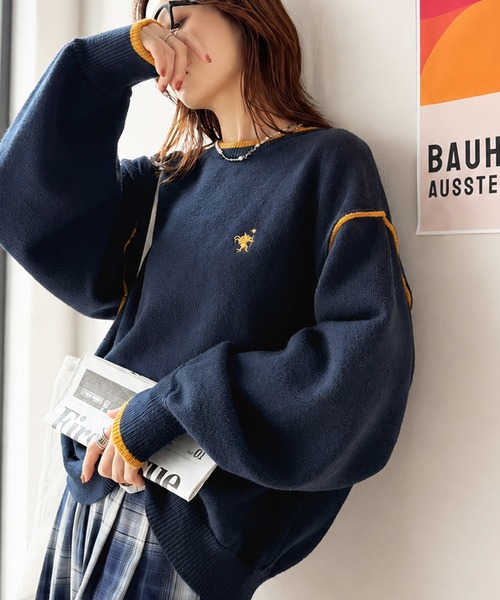 classicalelf(クラシカルエルフ)の「ゆるっと上品、やさしく映える。胸刺繍入り配色クルーネックオーバーサイズニット(長袖)(ニット/セーター・レディース・ネイビー/杢グレー/ベージュ系・SMALL/MEDIUM/LARGE/X-LARGE)」の12枚目の写真