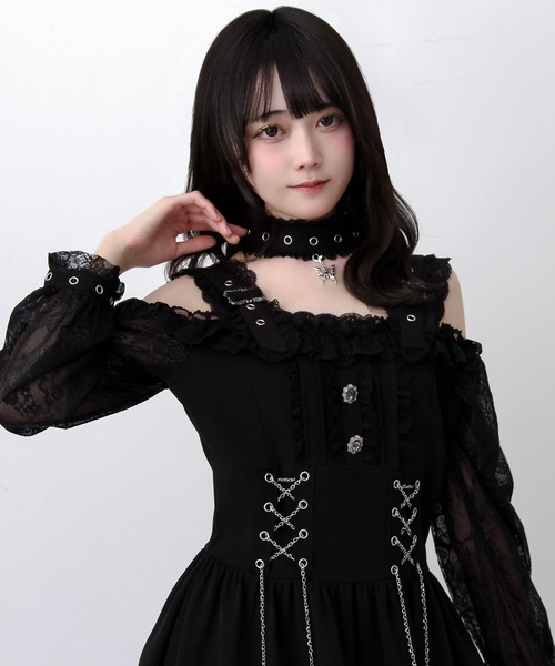 DearMyLove（ディアマイラブ）の「蝶々チャームチョーカーオフショルベルトチェーンレースアップレースフリルワンピース（ワンピース・レディース・ブラック/グレー・3L/LARGE/MEDIUM）」の4枚目の写真