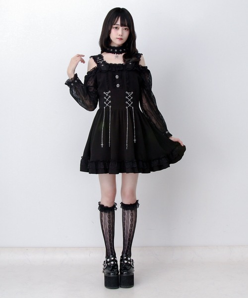 DearMyLove（ディアマイラブ）の「蝶々チャームチョーカーオフショルベルトチェーンレースアップレースフリルワンピース（ワンピース・レディース・ブラック/グレー・3L/LARGE/MEDIUM）」の6枚目の写真