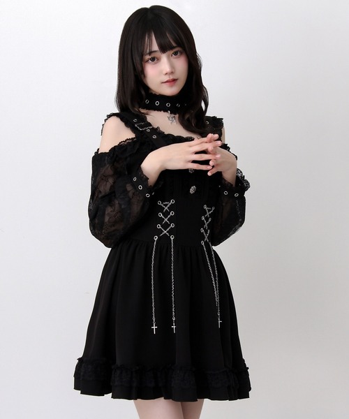 DearMyLove（ディアマイラブ）の「蝶々チャームチョーカーオフショルベルトチェーンレースアップレースフリルワンピース（ワンピース・レディース・ブラック/グレー・3L/LARGE/MEDIUM）」の8枚目の写真