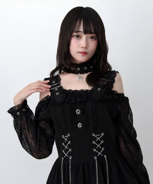 DearMyLove（ディアマイラブ）の「蝶々チャームチョーカーオフショルベルトチェーンレースアップレースフリルワンピース（ワンピース・レディース・ブラック/グレー・3L/LARGE/MEDIUM）」の9枚目の写真