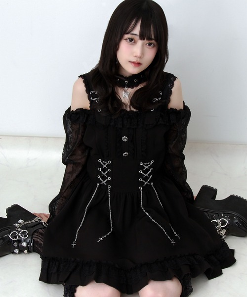 DearMyLove（ディアマイラブ）の「蝶々チャームチョーカーオフショルベルトチェーンレースアップレースフリルワンピース（ワンピース・レディース・ブラック/グレー・3L/LARGE/MEDIUM）」の11枚目の写真