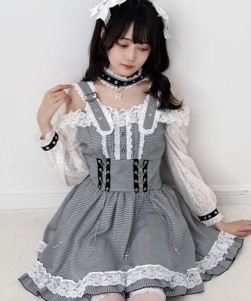 DearMyLove（ディアマイラブ）の「蝶々チャームチョーカーオフショルベルトチェーンレースアップレースフリルワンピース（ワンピース・レディース・ブラック/グレー・3L/LARGE/MEDIUM）」の12枚目の写真