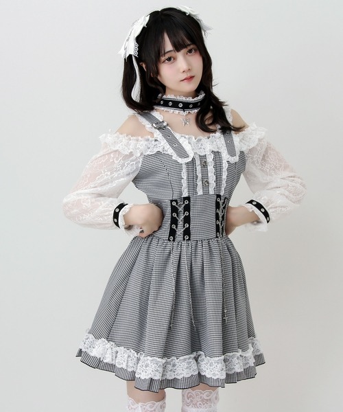 DearMyLove（ディアマイラブ）の「蝶々チャームチョーカーオフショルベルトチェーンレースアップレースフリルワンピース（ワンピース・レディース・ブラック/グレー・3L/LARGE/MEDIUM）」の14枚目の写真