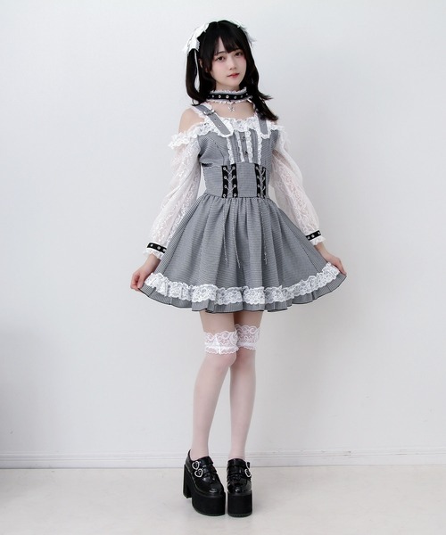 DearMyLove（ディアマイラブ）の「蝶々チャームチョーカーオフショルベルトチェーンレースアップレースフリルワンピース（ワンピース・レディース・ブラック/グレー・3L/LARGE/MEDIUM）」の15枚目の写真