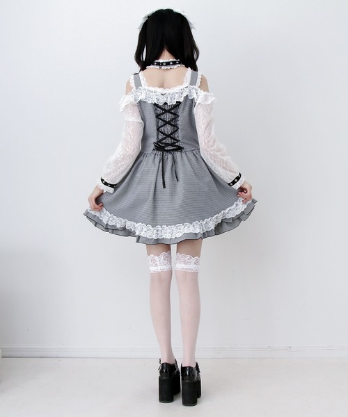 DearMyLove（ディアマイラブ）の「蝶々チャームチョーカーオフショルベルトチェーンレースアップレースフリルワンピース（ワンピース・レディース・ブラック/グレー・3L/LARGE/MEDIUM）」の16枚目の写真