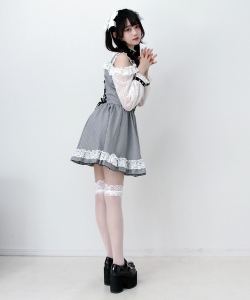 DearMyLove（ディアマイラブ）の「蝶々チャームチョーカーオフショルベルトチェーンレースアップレースフリルワンピース（ワンピース・レディース・ブラック/グレー・3L/LARGE/MEDIUM）」の17枚目の写真