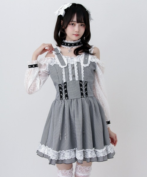 DearMyLove（ディアマイラブ）の「蝶々チャームチョーカーオフショルベルトチェーンレースアップレースフリルワンピース（ワンピース・レディース・ブラック/グレー・3L/LARGE/MEDIUM）」の13枚目の写真