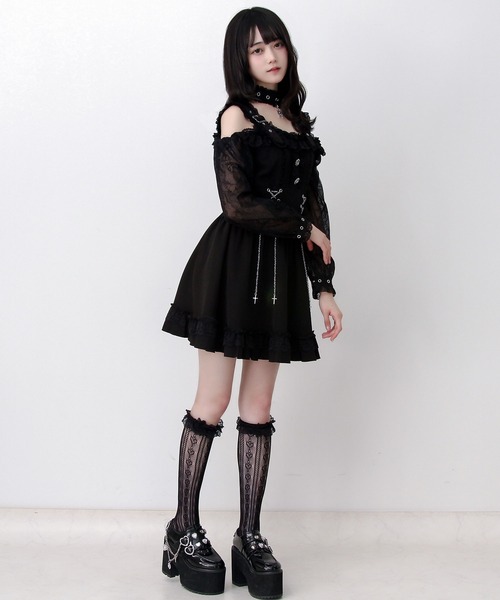 DearMyLove（ディアマイラブ）の「蝶々チャームチョーカーオフショルベルトチェーンレースアップレースフリルワンピース（ワンピース・レディース・ブラック/グレー・3L/LARGE/MEDIUM）」の5枚目の写真