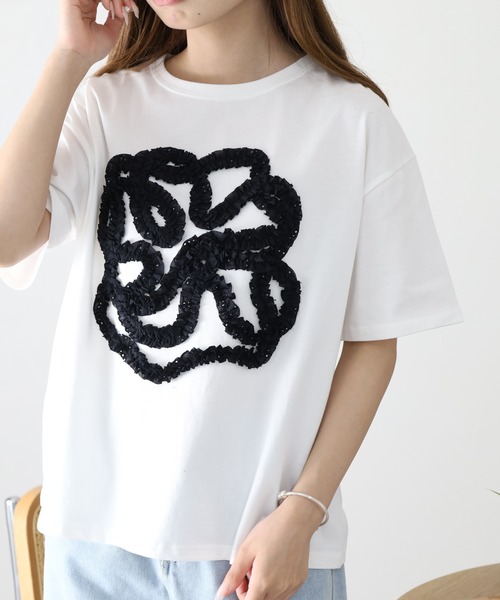 BARNDOOR(バーンドア)の「20/-天竺 フリル花Tシャツ 26SS 半袖(Tシャツ/カットソー・レディース・ブラック/杢グレー/オフホワイト・FREE)」の6枚目の写真