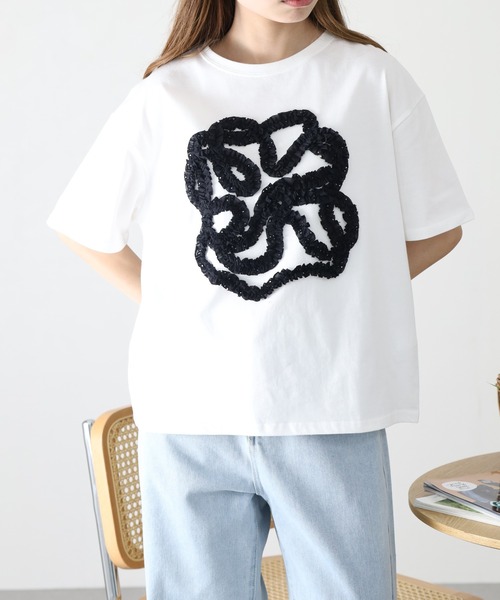 BARNDOOR(バーンドア)の「20/-天竺 フリル花Tシャツ 26SS 半袖(Tシャツ/カットソー・レディース・ブラック/杢グレー/オフホワイト・FREE)」の7枚目の写真