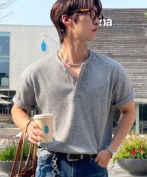 NOWLE（ノウル）の「【NOWLE】凹凸ワッフル サーマル ヘンリーネック 半袖 Tシャツ/ アーバンリラックス ショートスリーブ トップス（Tシャツ/カットソー）」