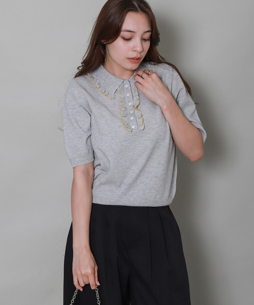 libelle more(リベル モア)の「配色フリルポロニット(ポロシャツ・レディース・グレー/オフホワイト/ブラック/ブラウン・M)」の12枚目の写真