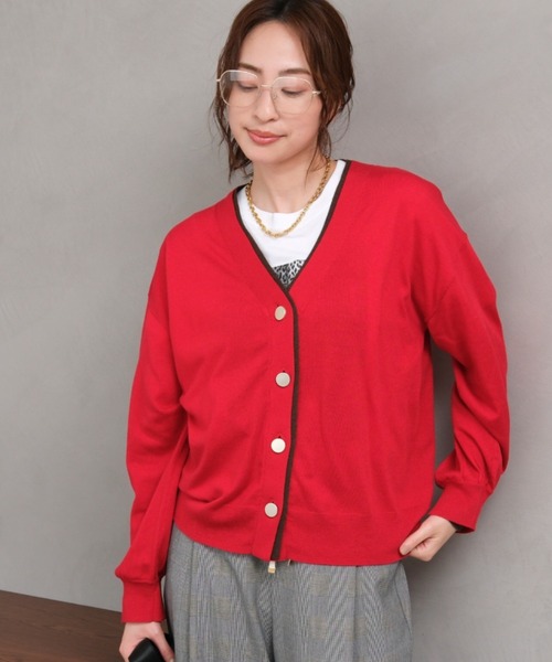 Elura(エルーラ)の「ウールコン配色カーディガン/1064119(カーディガン/ボレロ・レディース・チャコールグレー/ベージュ/レッド・FREE)」の1枚目の写真