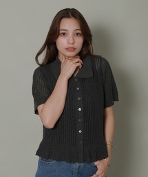 透かし編みポロニットフリルカーディガン