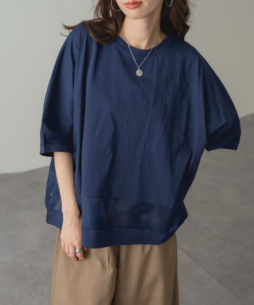 ANNA LUNA(アンナルナ)の「【ANNA LUNA】 1枚で映える! 裾シアー 切り替え ワイド Tシャツ(Tシャツ/カットソー・レディース・ネイビー/ブラウン/オフホワイト・MEDIUM)」の3枚目の写真