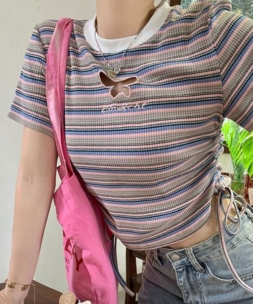 CANVAS+(キャンバスプラス)の「【CANVAS+】バタフライモチーフミックスボーダーTシャツ(Tシャツ/カットソー・レディース・ライトグリーン/ピンク・M)」の2枚目の写真