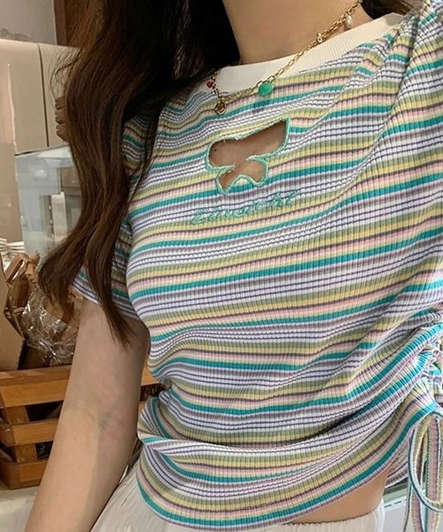 CANVAS+(キャンバスプラス)の「【CANVAS+】バタフライモチーフミックスボーダーTシャツ(Tシャツ/カットソー・レディース・ライトグリーン/ピンク・M)」の1枚目の写真