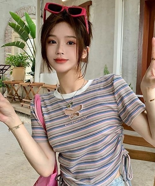 CANVAS+(キャンバスプラス)の「【CANVAS+】バタフライモチーフミックスボーダーTシャツ(Tシャツ/カットソー・レディース・ライトグリーン/ピンク・M)」の17枚目の写真