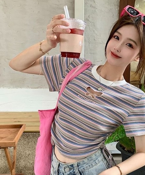CANVAS+(キャンバスプラス)の「【CANVAS+】バタフライモチーフミックスボーダーTシャツ(Tシャツ/カットソー・レディース・ライトグリーン/ピンク・M)」の18枚目の写真