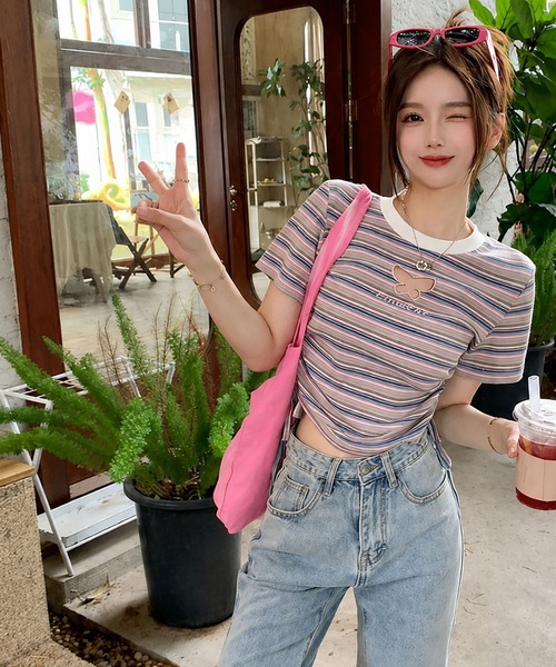 CANVAS+(キャンバスプラス)の「【CANVAS+】バタフライモチーフミックスボーダーTシャツ(Tシャツ/カットソー・レディース・ライトグリーン/ピンク・M)」の22枚目の写真