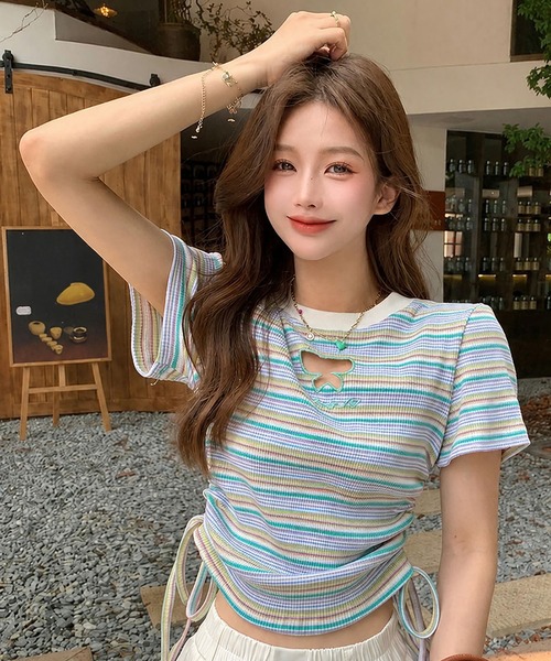 CANVAS+(キャンバスプラス)の「【CANVAS+】バタフライモチーフミックスボーダーTシャツ(Tシャツ/カットソー・レディース・ライトグリーン/ピンク・M)」の3枚目の写真