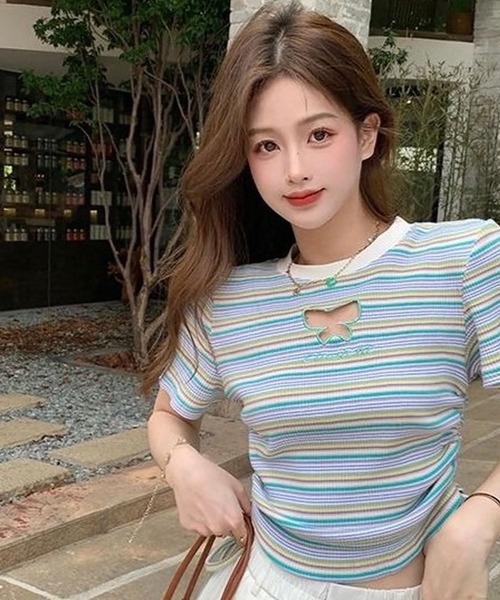 CANVAS+(キャンバスプラス)の「【CANVAS+】バタフライモチーフミックスボーダーTシャツ(Tシャツ/カットソー・レディース・ライトグリーン/ピンク・M)」の7枚目の写真