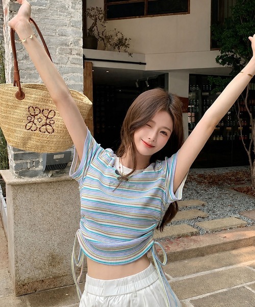 CANVAS+(キャンバスプラス)の「【CANVAS+】バタフライモチーフミックスボーダーTシャツ(Tシャツ/カットソー・レディース・ライトグリーン/ピンク・M)」の8枚目の写真