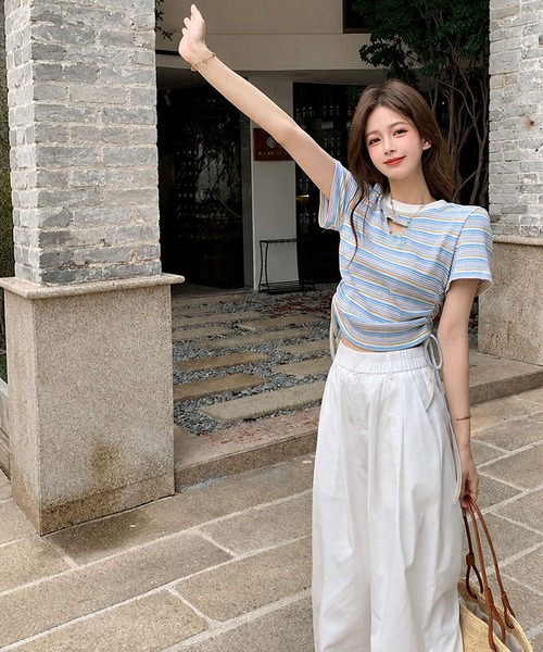 CANVAS+(キャンバスプラス)の「【CANVAS+】バタフライモチーフミックスボーダーTシャツ(Tシャツ/カットソー・レディース・ライトグリーン/ピンク・M)」の9枚目の写真