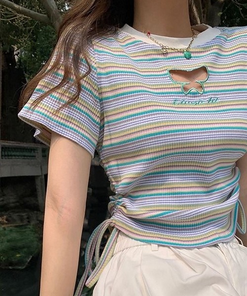 CANVAS+(キャンバスプラス)の「【CANVAS+】バタフライモチーフミックスボーダーTシャツ(Tシャツ/カットソー・レディース・ライトグリーン/ピンク・M)」の10枚目の写真
