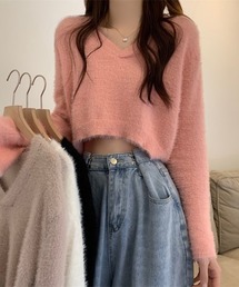 フェザーヤーンVネッククロップドニットプルオーバー