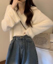 フェザーヤーンVネッククロップドニットプルオーバー