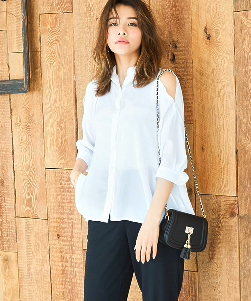 Re Edit リエディ の オープンショルダードルマンシャツ 肩あきトップス ゆるシャツ 夏新作 Re Edit リエディ シャツ ブラウス Wear