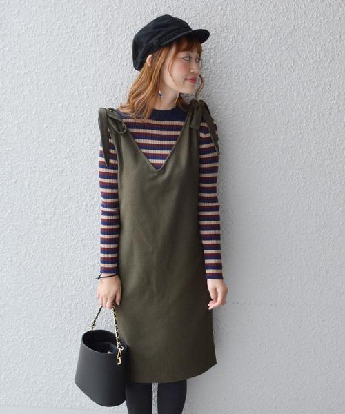 Khaju（カージュ）の「Khaju:リボンVネックワンピース◇（ワンピース・レディース・カーキ/ネイビー/ブラック/ベージュ・ONE SIZE）」の18枚目の写真