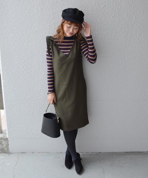 Khaju（カージュ）の「Khaju:リボンVネックワンピース◇（ワンピース・レディース・カーキ/ネイビー/ブラック/ベージュ・ONE SIZE）」の6枚目の写真