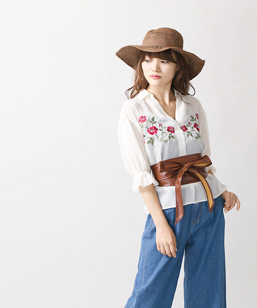 WEGO(ウィゴー)の「WEGO/フラワー刺繍スキッパーシャツ(シャツ/ブラウス・レディース・ダークグリーン/ホワイト/ピンク系その他・FREE)」の17枚目の写真