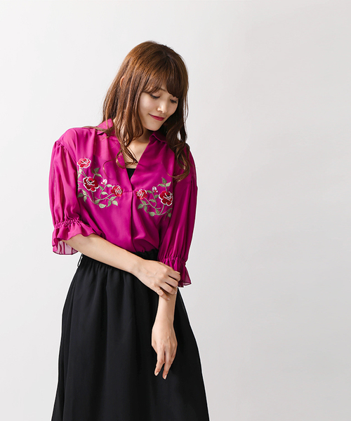 WEGO(ウィゴー)の「WEGO/フラワー刺繍スキッパーシャツ(シャツ/ブラウス・レディース・ダークグリーン/ホワイト/ピンク系その他・FREE)」の19枚目の写真